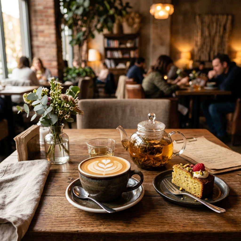 A warm cafe table with coffee, tea, and a slice of cake at Everly Treats