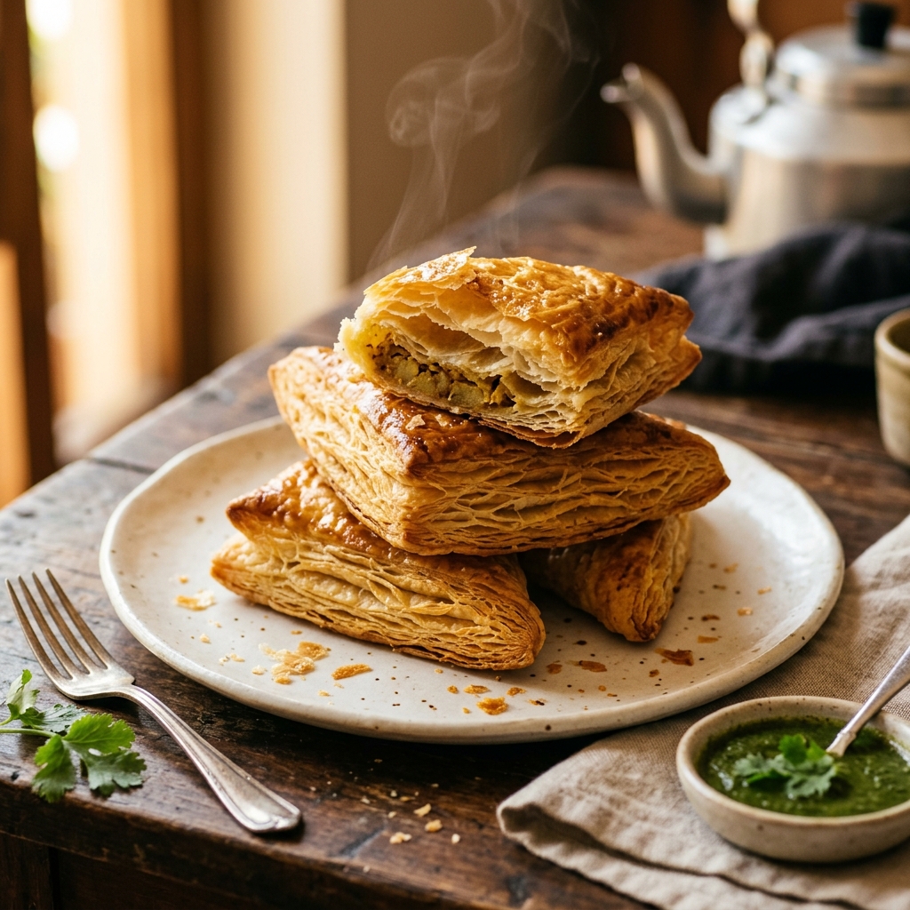 Golden flaky layered South Indian chicken puffs stacked on a plate
